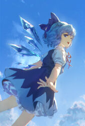 1girl :d absurdres blue_bow blue_dress blue_eyes blue_hair blue_sky bow bruchiou cirno cloud dress from_below hair_bow highres ice ice_wings open_mouth outstretched_arm outstretched_hand petticoat puffy_short_sleeves puffy_sleeves red_ribbon ribbon shirt short_hair short_sleeves sky smile solo touhou white_shirt wings