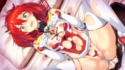 1girl blush breasts censored choukou_(alicesoft) choukou_taisen_escalation_heroines elbow_gloves game_cg gin_(ginshari) gloves green_eyes kamen_rider kamen_rider_kuuga_(series) leotard looking_at_viewer lying medium_breasts medium_hair mosaic_censoring nipples official_art on_back on_bed open_mouth photoshop_(medium) pillow pussy pussy_juice red_hair solo sonozaki_akari sweat thighhighs white_thighhighs