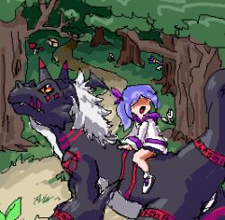 blackgrowmon digimoji digimon digimon_(creature) digimon_story:_sunburst_and_moonlight horns julia_(digimon) open_mouth plasmi purple_hair sharp_teeth surprised tail tailmon teeth tree white_hair