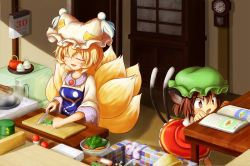 2girls animal_ears apron blonde_hair bontoro book brown_eyes brown_hair calendar_(object) cat_ears cat_girl cat_tail chen child clock closed_eyes cooking cutting_board female_focus fox_tail hat hat_with_ears indoors kitchen kitchen_knife knife mob_cap multiple_girls multiple_tails nekomata recipe shirt sink skirt skirt_set slice_of_life tail tea_set touhou wall_clock yakumo_ran