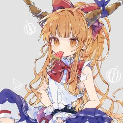 1girl absurdres bare_shoulders blue_skirt blunt_bangs blush bow bowtie brown_horns commentary_request food food_in_mouth hair_bow highres horn_ornament horn_ribbon horns ibuki_suika long_hair mouth_hold nikorashi-ka orange_eyes orange_hair popsicle purple_ribbon red_bow red_bowtie ribbon shirt simple_background sitting skirt sleeveless sleeveless_shirt solo touhou watermelon_bar white_shirt