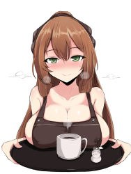 1girl apron blush breast_rest breasts brown_hair carried_breast_rest carrying cleavage coffee coffee_mug covered_erect_nipples cup female_focus girls&#039;_frontline green_eyes hair_between_eyes hair_ribbon heavy_breathing highres holding holding_tray kumasteam lactation lactation_through_clothes large_breasts long_hair looking_at_viewer milk mug naked_apron nose_blush pitcher_(container) ribbon sidelocks simple_background smile solo springfield_(girls&#039;_frontline) steam sweat sweatdrop tray white_background