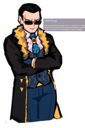 1boy black_coat coat cropped_legs crossed_arms fur-trimmed_coat fur_trim giovanni_(pokemon) giovanni_(sygna_suit)_(alt.)_(pokemon) male_focus medi_(medichamcham) nintendo official_alternate_costume pokemon pokemon_masters_ex solo sunglasses team_rocket white_background