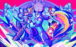 Rule 34 | 4boys, arm cannon, armor, axl (mega man), blonde hair, blue armor, blue helmet, brown hair, chest jewel, energy sword, facial mark, forehead jewel, gun, helmet, highres, holding, holding gun, holding weapon, long hair, mega man (series), mega man x (series), multiple boys, red armor, red helmet, shoulder armor, sigma (mega man), sword, weapon, x (mega man), xenon (xenonb), z saber, zero (mega man)
