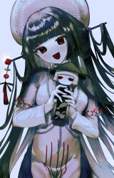 Rule 34 | 1girl, absurdres, ao dai, black hair, blunt bangs, character doll, doll, dress, eyeliner, fate/grand order, fate (series), hair ornament, hair stick, hairpin, hat, highres, hime cut, jewelry, komahime (fate), komahime (fgo fes. 2025) (fate), long hair, long sleeves, looking at viewer, makeup, minako larima, necklace, official alternate costume, pearl necklace, red eyes, sen no rikyu (fate), smile, solo, sun hat, very long hair, white dress, white hat