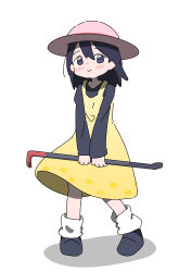 1girl andou_natsumi black_eyes black_hair black_shirt black_shoes blush crowbar dress hat holding holding_crowbar long_sleeves looking_at_viewer natsumi_step! nukegara_(pixiv_46266320) pink_hat polka_dot polka_dot_dress shirt shoes short_hair sleeveless sleeveless_dress smile socks standing white_background white_socks yellow_dress