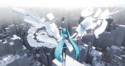 1girl absurdres an_yb apartment building city cityscape energy_wings from_behind full_body hatsune_miku high_up highres long_hair skyscraper solo very_long_hair vocaloid white_wings wings