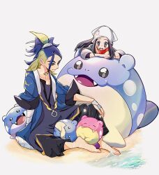 Rule 34 | 1boy, 1girl, adaman (pokemon), akari (pokemon), alpha pokemon, alternate color, arm wrap, beach, black hair, blonde hair, blue coat, blue hair, blush, brown eyes, closed eyes, closed mouth, coat, cocoa s3, collarbone, diamond clan outfit, eyebrow cut, eyelashes, galaxy expedition team survey corps uniform, gen 3 pokemon, green hair, grey eyes, hand wraps, headscarf, highres, jacket, jewelry, long hair, multicolored hair, neck ring, nintendo, open mouth, pokemon, pokemon (creature), pokemon legends: arceus, ponytail, red scarf, sand, sash, scarf, shiny pokemon, shirt, sidelocks, smile, spheal, white headscarf