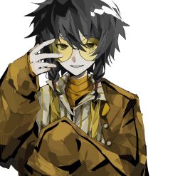 1boy 30000000000 bandaged_neck bandages black_eyes black_hair blonde_hair chinese_commentary collared_shirt commentary_request hair_between_eyes highres long_sleeves male_focus mole mole_under_eye off_shoulder red_pupils round_eyewear shirt simple_background single_sleeve_past_fingers smile solo striped_clothes striped_shirt tinted_eyewear touqi_guaitan upper_body vertical-striped_clothes vertical-striped_shirt white_background white_shirt yellow-tinted_eyewear ziche_fuzhao