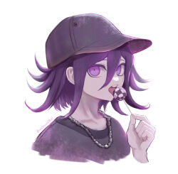 1boy baseball_cap candy chain chain_necklace cropped_shoulders danganronpa_(series) danganronpa_v3:_killing_harmony flipped_hair food from_side hair_between_eyes hat holding holding_candy holding_food holding_lollipop inukai_(inuuowoukai) jewelry licking lollipop looking_at_viewer male_focus medium_hair necklace oma_kokichi open_mouth portrait purple_eyes purple_hair purple_theme ringed_eyes shirt simple_background solo teeth twitter_username upper_teeth_only white_background