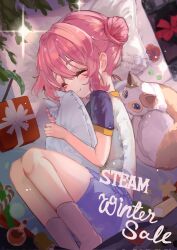 1girl bed blue_shorts blush box candy candy_cane cat child christmas christmas_stocking closed_eyes closed_mouth double_bun food gift gift_box hair_bun highres hugging_object lying on_bed on_side pillow pillow_hug pink_hair shirt short_hair short_sleeves shorts sidelocks sleeping smile socks solo steam_(platform) steam_delivery_girl stuffed_toy t-shirt white_shirt white_socks yuri2720