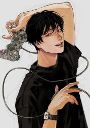 Rule 34 | 1boy, arm above head, arm up, black eyes, black hair, black shirt, controller, fingernails, game controller, grey background, highres, holding, holding controller, holding game controller, male focus, original, shirt, short sleeves, simple background, sirokomamaru, solo, teeth, tongue, tongue out, uneven eyes, upper body