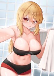1girl :p absurdres bandeau black_shorts blonde_hair breasts burnice_white cleavage cowboy_shot hair_down highres indoors large_breasts long_hair looking_at_viewer notporred short_shorts shorts solo standing strapless tongue tongue_out towel tube_top yellow_eyes zenless_zone_zero