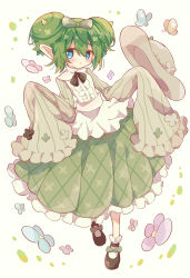 1girl absurdres black_bow black_bowtie black_shoes blue_butterfly blue_eyes blue_flower blush bow bowtie brown_hat bug butterfly center_frills commentary_request double_bun flower frilled_skirt frilled_sleeves frills full_body futaba969649 green_ribbon green_skirt hair_between_eyes hair_bun hair_ribbon hat highres insect lidelle_(puyopuyo) long_sleeves looking_at_viewer parted_lips plaid_clothes plaid_skirt pleated_skirt purple_flower puyopuyo ribbon shirt shoes short_hair simple_background skirt sleeves_past_fingers sleeves_past_wrists socks solo standing unworn_hat unworn_headwear white_background white_shirt white_socks wide_sleeves yellow_butterfly