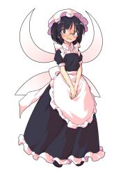 1girl alphes_(style) apron black_dress black_eyes black_hair black_shoes blunt_bangs blush commentary_request dairi dress fairy fairy_maid_(touhou) fairy_wings frilled_apron frilled_dress frills full_body glasses hat large_variant_set looking_at_viewer maid mob_cap open_mouth own_hands_together parody shoes short_hair short_sleeves solo standing style_parody tachi-e tears touhou transparent_background variant_set white_apron white_hat wings