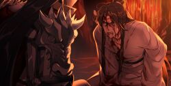 2boys armor backlighting blood blood_from_mouth blood_on_clothes blood_on_face braid brown_hair chinese_clothes clenched_teeth crying crying_with_eyes_open cursed_shackle embers hair_bun hanfu highres hunched_over jun_wu korean_commentary lava long_hair long_sleeves looking_at_another male_focus multiple_boys orange_eyes shoulder_armor single_braid spoilers streaming_tears tears teeth tianguan_cifu white_hanfu wide_sleeves xie_lian yormamessiah