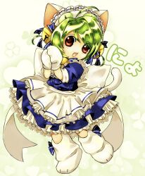Rule 34 | 1girl, animal hat, apron, bell, blue dress, cat hat, cat tail, dejiko, di gi charat, dress, eumillipes, fang, frilled dress, frills, full body, green hair, hair bell, hair ornament, hat, highres, looking at viewer, mittens, open mouth, puffy short sleeves, puffy sleeves, red eyes, short sleeves, solo, tail, white apron, white background, white mittens