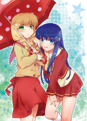 Rule 34 | 2girls, :d, amasawa ikumi, arm on another&#039;s shoulder, blonde hair, blue eyes, blue hair, blush, bow, braid, brown cardigan, cardigan, crossover, green eyes, hair ornament, highres, holding, holding umbrella, jacket, kneehighs, long hair, long sleeves, looking at viewer, misaki juri, moon (game), multiple girls, one - kagayaku kisetsu e, open mouth, pink sailor collar, red jacket, red ribbon, red skirt, red umbrella, ribbon, sailor collar, satomura akane, school uniform, skirt, smile, smug, socks, star (symbol), tongue, tongue out, twin braids, umbrella, white sailor collar, white socks, yellow ribbon