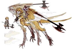 1boy ascot black_ascot blonde_hair blood blood_in_hair blood_on_face feathered_wings griffon halberd highres limbus_company looking_at_viewer monster_boy monsterification n_corp._fanatic_(identity)_(project_moon) ohzv open_mouth polearm project_moon red_eyes simple_background sinclair_(project_moon) smile weapon white_background wide_sleeves wing_armor wings