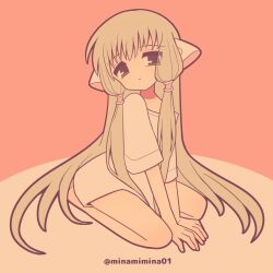 1girl 2000s_(style) :o animal_ears blonde_hair chii chobits commentary_request hair_tubes highres jitome long_hair looking_at_viewer minami_mina naked_shirt orange_theme persocom_(chobits) robot_ears seiza shirt sitting solo very_long_hair warm_colored white_shirt