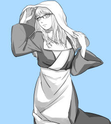1girl apron bad_id bad_pixiv_id black_dress blue_background closed_mouth dress glasses highres long_hair monochrome nanpe naruto_(series) naruto_shippuuden ninja simple_background smile solo veil waist_apron yakushi_nonou