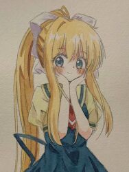 Rule 34 | 1girl, air (visual novel), blonde hair, blue dress, blue eyes, blush, closed mouth, cowboy shot, dress, hair ribbon, hands on own cheeks, hands on own face, highres, kamio misuzu, long hair, looking at viewer, necktie, ponytail, red necktie, ribbon, shirt, sidelocks, single hair intake, smile, solo, traditional media, very long hair, white ribbon, yellow shirt, ys tenyen
