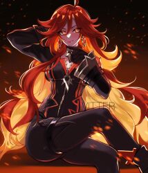 1girl absurdres ahoge arms_behind_head artist_name black_bodysuit black_gloves bodysuit colored_inner_hair commentary crossed_legs earrings embers english_commentary fire genshin_impact gloves hand_on_own_chin helenvitter highres jewelry long_hair long_sleeves mavuika_(genshin_impact) multicolored_hair orange_eyes orange_hair sitting solo two-tone_hair zipper