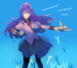 Rule 34 | 1girl, alternate legwear, bakemonogatari, black pantyhose, blue background, blue skirt, breasts, character name, commentary request, copyright name, holding stapler, jacket, long hair, medium skirt, monogatari (series), nakahara (mu tation), naoetsu high school uniform, pantyhose, pink jacket, protractor, purple eyes, purple hair, ruler, school uniform, scissors, senjougahara hitagi, skirt, small breasts, solo, stapler