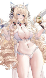 1girl animal_ears bikini blonde_hair blue_eyes blush breasts cleavage commentary cropped crown_(nikke) drill_hair fake_animal_ears food frilled_bikini frills goddess_of_victory:_nikke halterneck hands_up headgear highres holding holding_food holding_ice_cream holding_ice_cream_cone ice_cream ice_cream_cone large_breasts long_hair looking_at_viewer mechanical_ears multiple_scoops navel_piercing piercing simple_background skindentation smile solo subong swimsuit thighs too_many_drills very_long_hair white_background white_bikini