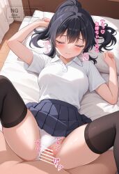 1boy 1girl absurdres bed black_hair black_skirt black_thighhighs blush closed_eyes clothing_aside collared_shirt commentary_request commission erection hair_between_eyes hetero highres indoors long_hair missionary nikki_(n2kkey) on_bed original panties panties_aside pillow pixiv_commission pleated_skirt ponytail school_uniform sex shirt short_sleeves sidelocks skirt thighhighs thighs translation_request underwear vaginal white_shirt wooden_floor