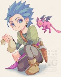 1boy 1girl 29qmatatavi aged_down bat_wings blue_eyes blue_hair boots brown_boots camus_(dq11) cat child colored_sclera creature dragon_quest dragon_quest_treasures dragon_quest_xi earrings gold_earrings green_shirt green_tunic grey_pants highres holding holding_sack hoop_earrings jewelry knife knife_sheath looking_at_another looking_to_the_side meowsha_(dqt) on_one_knee pants pink_fur pink_sash sack sash sheath sheathed shirt short_hair slit_pupils smile spiked_hair tunic white_background wings yellow_sclera