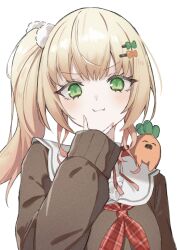 1girl :i blonde_hair blush brown_cardigan cardigan doyagao fang fang_out frilled_shirt_collar frills green_eyes hair_ornament highres hololive koyori000 long_hair long_sleeves looking_at_viewer momosuzu_nene momosuzu_nene_(casual) neckerchief nekko_(momosuzu_nene) official_alternate_costume official_alternate_hairstyle pom_pom_(clothes) pom_pom_hair_ornament red_neckerchief sailor_collar school_uniform shirt side_ponytail sidelocks smile smug solo upper_body virtual_youtuber white_sailor_collar white_shirt