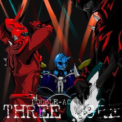 &gt;_&lt; 3boys armor bad_id bad_pixiv_id black_armor black_eyes blue_armor drum drum_set english_text guitar instrument jinta kamen_rider kamen_rider_den-o_(series) male_focus microphone momotaros monster monster_boy multiple_boys negataros oni red_armor red_eyes resized screaming sharp_teeth squinting stage_lights teddy_(kamen_rider_den-o) teeth upscaled waifu2x