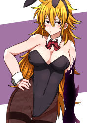 1girl amputee animal_ears annoyed aura bare_shoulders blonde_hair blush bow bowtie breasts cleavage collarbone covered_navel demon_girl derieri detached_collar energy energy_fist fake_animal_ears fishnets glowing hairband hand_on_own_hip highres injury large_breasts leotard living_shadow long_hair monster_girl nanatsu_no_taizai pantyhose playboy_bunny prosthesis prosthetic_arm rabbit_ears red_bow red_eyes rinngo6363 scar solo spiked_hair thighs wrist_cuffs