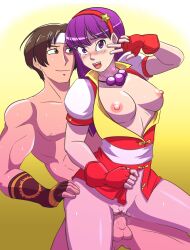 1boy 1girl asamiya_athena breasts breasts_out clothed_sex clothes_lift cowgirl_position deep_penetration dress erection female_focus gloves grabbing_another&#039;s_ass groping headband kusanagi_kyou medium_breasts nipples no_panties no_pants open_mouth pale_skin penis purple_eyes purple_hair pussy reverse_cowgirl_position riding sex sex_from_behind sitting sitting_on_person skirt skirt_lift star_(symbol) straddling sweat sweatdrop the_king_of_fighters thighs vaginal wet