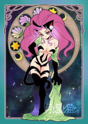 1girl animal_ear_fluff animal_ears animal_hands aqua_border big_hair black_choker border breasts cat_ears cat_girl cat_paws cat_tail choker clam_shell closed_mouth cloth commentary_request crescent darkstalkers felicia_(darkstalkers) full_body hand_on_own_hip head_tilt highres holding_cloth kisaragi_miyuki large_breasts long_hair looking_at_viewer navel official_alternate_color pink_hair purple_eyes revealing_clothes seashell shell sky solo standing star_(sky) star_(symbol) starry_sky tail thigh_gap translated