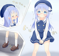 Rule 34 | 1girl, 22m, beret, between legs, blue background, blue hair, blue headwear, blue skirt, blue vest, blush, brown footwear, closed eyes, closed mouth, embarrassed, female focus, gochuumon wa usagi desu ka?, hair ornament, hairclip, hand between legs, hat, have to pee, japanese text, kafuu chino, long hair, long sleeves, multiple views, nose blush, own hands together, peeing, peeing self, school uniform, shirt, shoes, simple background, skirt, socks, standing, translation request, trembling, v arms, vest, wavy mouth, wet, wet clothes, white legwear, white shirt, x hair ornament