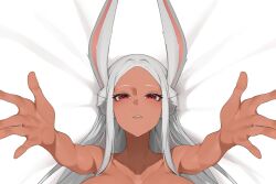 1girl animal_ears boku_no_hero_academia breasts collarbone commentary commission completely_nude dakimakura_(medium) dark-skinned_female dark_skin english_commentary kopam large_breasts long_eyelashes long_hair looking_at_viewer mirko nude open_hands out-of-frame_censoring outstretched_arms parted_bangs parted_lips rabbit_ears rabbit_girl reaching reaching_towards_viewer red_eyes solo upper_body white_hair
