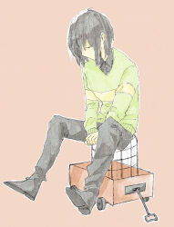 Rule 34 | 1other, birdcage, black pants, black shirt, black shoes, brown hair, cage, closed eyes, collared shirt, deltarune, faux traditional media, green sweater, hanamuraugk, highres, kris (deltarune), long sleeves, other focus, outline, own hands together, pale color, pants, pink background, shirt, shoes, short hair, sidelocks, simple background, sitting, solo, solo focus, striped clothes, striped sweater, sweater, utdr (toby fox), wagon, watercolor effect, white outline