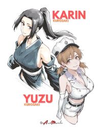 2girls ai-assisted animerch_x bare_shoulders belt black_belt black_eyes black_hair black_kimono black_sleeves bleach breasts brown_eyes brown_hair character_name cleavage collarbone collared_jacket commentary commentary_request cropped_jacket cropped_legs detached_sleeves elbow_gloves english_commentary english_text gloves hair_ornament hair_scrunchie hat highres hip_vent jacket japanese_clothes kimono kurosaki_karin kurosaki_yuzu lapels large_breasts looking_at_viewer midriff mixed-language_commentary multiple_girls notched_lapels parted_bangs parted_lips pink_scrunchie ponytail quincy_(bleach) ribbon sash scrunchie shihakusho shinigami short_twintails shorts siblings sideboob sidelocks simple_background sisters sleeveless sleeveless_jacket smile tied_jacket twintails twitter_username white_background white_gloves white_hat white_jacket white_ribbon white_sash white_shorts