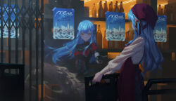 2girls apron artist_name ascot bang_dream! bang_dream!_it&#039;s_mygo!!!!! black_corset blue_gemstone blue_hair bottle braid chest_jewel chihaya_anon commentary_request corset crate dress_shirt dual_persona floating_hair frilled_skirt frills frown gate gem giving gloves grey_skirt hair_ribbon highres holding holding_mask kaname_raana layered_skirt light_blue_hair long_hair looking_at_another mask multiple_girls mygo!!!!!_(bang_dream!) nagasaki_soyo orange_eyes outstretched_arm plaid_clothes plaid_skirt polka_dot_gloves poster_(object) puffy_short_sleeves puffy_sleeves railing red_apron red_shirt reflection regition ribbon shelf shiina_taki shirt shop short_sleeves signature skirt skyline sleeve_cuffs takamatsu_tomori tears togawa_sakiko unworn_mask white_shirt window