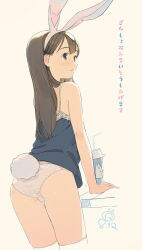 Rule 34 | 1girl, animal ears, artist logo, ass, blue camisole, blush, brown hair, camisole, check translation, closed mouth, cowboy shot, cup, dated, disposable cup, double-parted bangs, drinking straw, dutch angle, fake animal ears, fake tail, freckles, grey eyes, highres, kokudou juunigou, logo, long hair, looking to the side, nose blush, original, panties, rabbit ears, rabbit tail, simple background, solo, tail, thighhighs, translation request, underwear, white panties, yellow background, zanshomimai