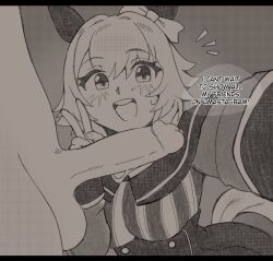 Rule 34 | 1girl, :d, animal ears, bow, clothed female nude male, commentary, curren chan (umamusume), ear bow, ear covers, english commentary, english text, highres, horse ears, horse girl, horse tail, looking at viewer, nude, oniyanna, open mouth, penis, short hair, smile, solo focus, tail, testicles, umamusume, uncensored, v