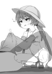 1boy 1girl alternate_costume cum cum_in_clothes cum_through_clothes detached_sleeves ejaculation flat_chest full_body greyscale grimace handjob hat head_out_of_frame highres knees_up loli long_hair looking_ahead looking_at_another low_twintails lying monochrome mukago_(mukagomumumu) on_back school_hat sharp_teeth shoes simple_background skinny sleevejob sleeves_past_fingers sleeves_past_wrists solo_focus squatting sweat teeth tsukuyomi_ai twintails v-shaped_eyebrows very_long_sleeves voiceroid