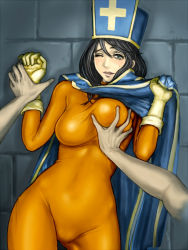 Rule 34 | 1girl, against wall, black hair, bodysuit, breasts, cape, cauldron (artist), chunsoft, cross, dragon quest, dragon quest iii, enix, gloves, grabbing another&#039;s breast, groping, hat, kaeru, latex, mitre, priest (dq3), skin tight, solo focus, tabard, wince