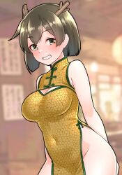 1girl alternate_costume blurry blurry_background breasts brown_hair china_dress chinese_clothes dragon_horns dress fake_horns furaggu_(frag_0416) highres hiryuu_(kancolle) horns kantai_collection large_breasts no_panties short_hair side_slit sleeping smile solo yellow_dress yellow_eyes