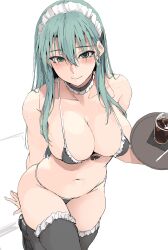 1girl bare_arms bikini black_bikini black_thighhighs breasts closed_mouth commentary_request green_hair highres holding holding_tray kantai_collection large_breasts long_hair looking_at_viewer maid maid_headdress navel simple_background smile solo standing suzuya_(kancolle) swimsuit thighhighs tray white_background zekkyon