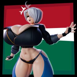 1girl 3d angel_(kof) breasts carro3dsculpts cleavage curvy female_focus gloves huge_breasts jacket large_breasts leather open_mouth pale_skin panties shiny_skin short_hair smile smiley_face standing the_king_of_fighters thick_thighs thighs underwear white_hair wide_hips