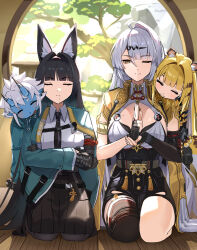 4girls animal_ears black_gloves black_hair black_necktie black_pantyhose black_skirt black_thighhighs blonde_hair blue_skin blunt_bangs blush breasts closed_eyes closed_mouth collared_shirt colored_skin crossed_arms fingerless_gloves fox_ears fox_girl full_body gloves highres horns hoshimi_miyabi ju_fufu kneeling large_breasts long_hair long_sleeves mole mole_on_breast multiple_girls necktie one_eye_closed pantyhose shirt single_thighhigh skirt smile soukaku_(zenless_zone_zero) thighhighs uuroncha white_hair white_shirt wooden_floor yellow_eyes yixuan_(zenless_zone_zero) zenless_zone_zero