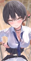 1boy 1girl absurdres black_bra black_choker black_hair black_skirt blurry blurry_background blush bra bra_visible_through_clothes bracelet breasts chair choker classroom cleavage commentary desk dress_shirt ear_piercing hands_on_own_hips heart highres indoors jewelry large_breasts light_blush looking_at_viewer necklace norio_(noriosub) open_collar original piercing pleated_skirt pov school_chair school_desk shirt short_hair skirt staring tomboy underwear white_shirt wooden_floor